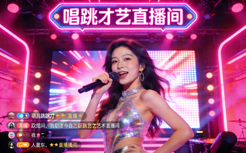 唱跳才艺直播间画面：粉色霓虹灯光下的舞台表演