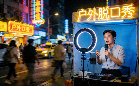户外脱口秀直播间画面：主播在夜晚城市街头进行户外直播