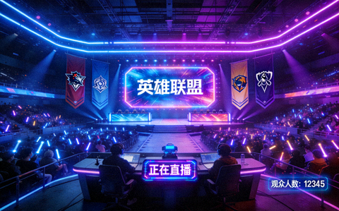 英雄联盟端游直播间画面：霓虹色调的电竞赛场舞台